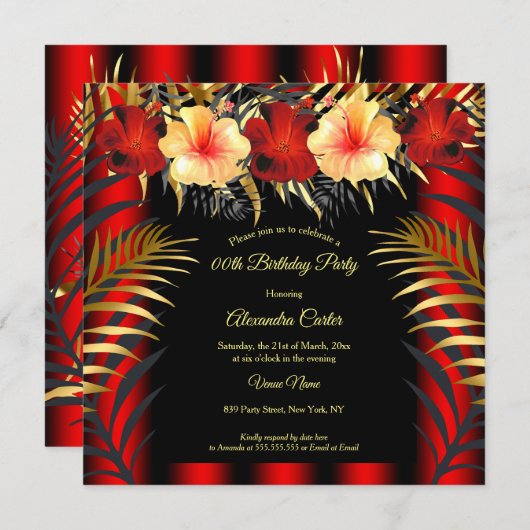 リッチレッドブラック金ゴールドイエローハイビスカスフローラパーティー 招待状 (正面/裏面)