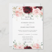 リッチレッドブルゴーニュ赤面ピンクローズフローラ結婚ズ 招待状 (正面)