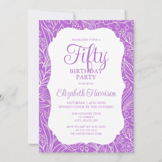 リッチ薄紫ホワイトフローラウーマン50thバースデーパーティー 招待状 (正面)