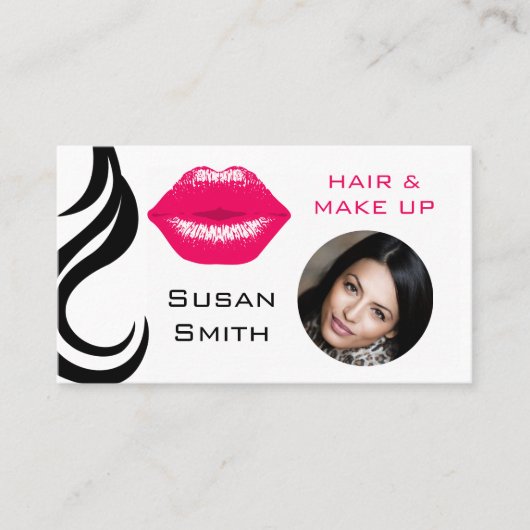 リップスティックキスヘアカール自分の写真ピンク 名刺 (正面)