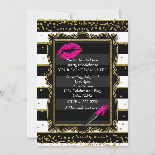 リップスティックリップ金ゴールドストライプ紙吹雪&グラマー 招待状 (正面)