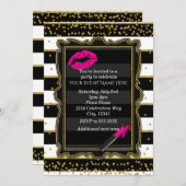 リップスティックリップ金ゴールドストライプ紙吹雪&グラマー 招待状 (正面/裏面)