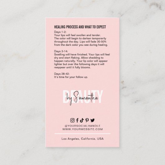 リップブラッキングアフターケア指示ピンク美しい 名刺 (裏面)