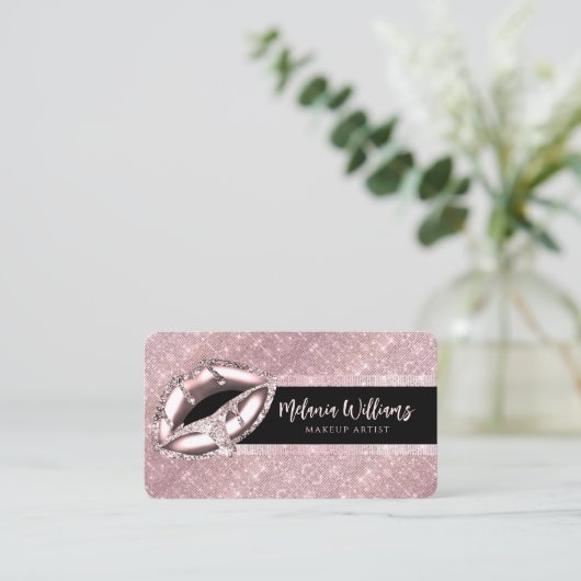 リップメイクアップアーティストトレンディーブラックバラ金ゴールドグリッター 名刺 (スタンド正面)