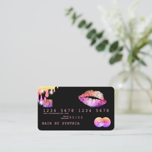 リップメイクアップ口紅クレジットカードスタイルバラ金ゴールド 名刺 (スタンド正面)