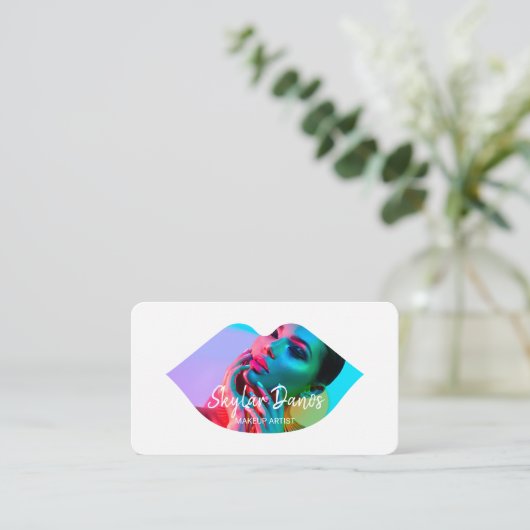 リップモダンフォトフレームトレンディーメイクアップアーティストホワイト 名刺 (スタンド正面)