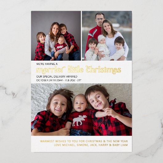 リッメリートルクリスマス3写真新生児金ゴールド 箔シーズンカード (正面)