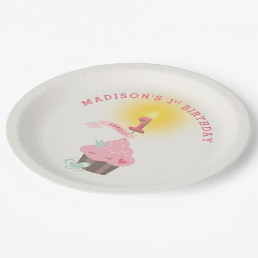 リッ恋しく思ク・カップケーキガールの1歳の誕生日パーティー ペーパープレート (アングル)