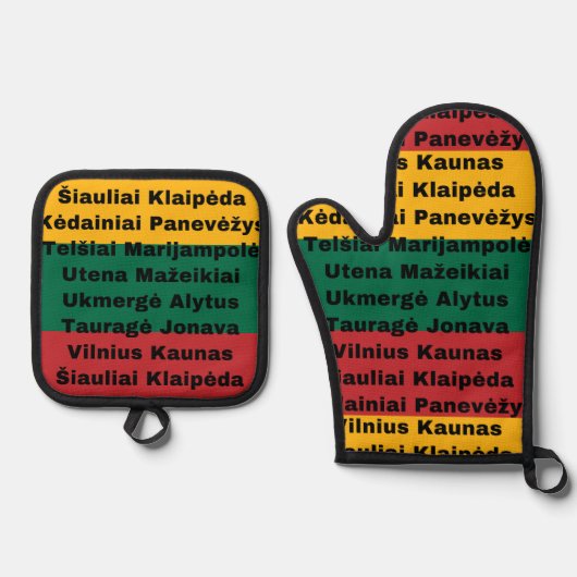 リトアニア国旗の色と都市 鍋つかみ&鍋敷きセット (正面)