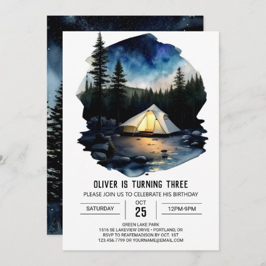 リトリート素朴キッズ誕生日招待状 招待状 (正面/裏面)