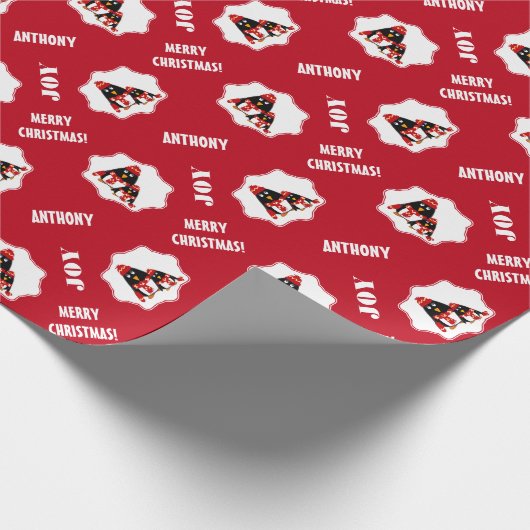 リトルおもしろいペンギン |クリスマス名前をカスタムする ラッピングペーパー (角)