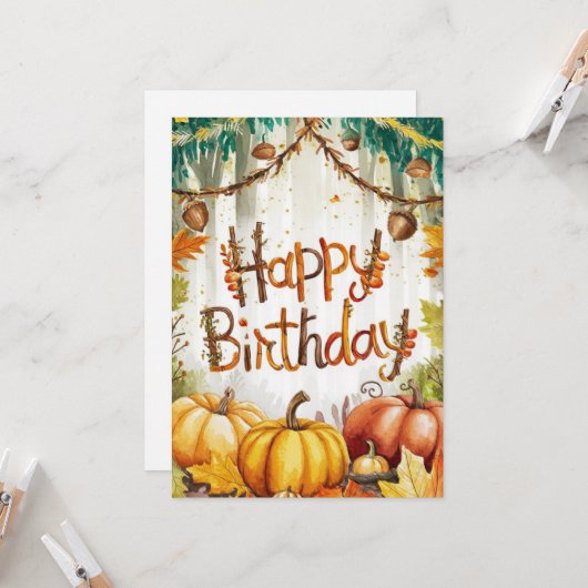 リトルお洒落ウォーミングオータム秋ハッピーバースデー カード (正面/裏面インサイチュ)