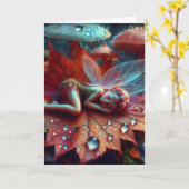 リトルお洒落フェアリーが葉の上で眠る カード (黄色い花)