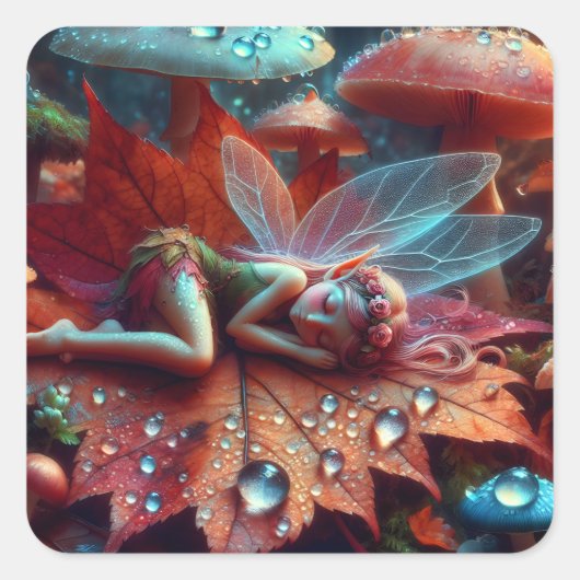 リトルお洒落フェアリーが葉の上で眠る スクエアシール (正面)