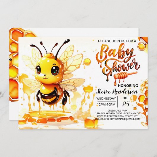 リトルかわいこちゃんのハチをテーマにした赤ちゃんシャワー 招待状 (正面/裏面)