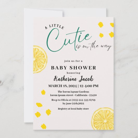 リトルかわいこちゃんの方法レモン柑橘類の赤ちゃんシャワー 招待状 (正面)