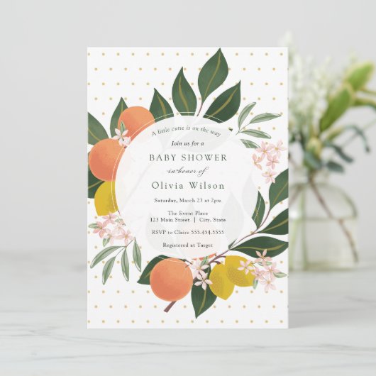 リトルかわいこちゃんオレンジと緑の赤ちゃんシャワー 招待状 (スタンド正面)