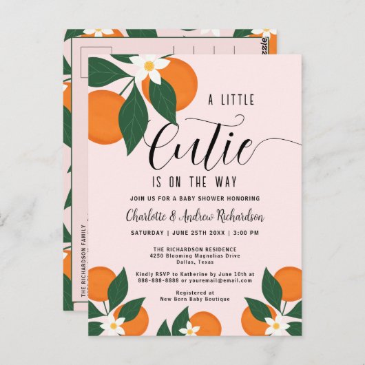リトルかわいこちゃんオレンジカップルベビーシャワー招待状 ポストカード (正面/裏面)