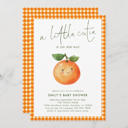 リトルかわいこちゃんオレンジギンガムガールベビーシャワー 招待状 (正面/裏面)