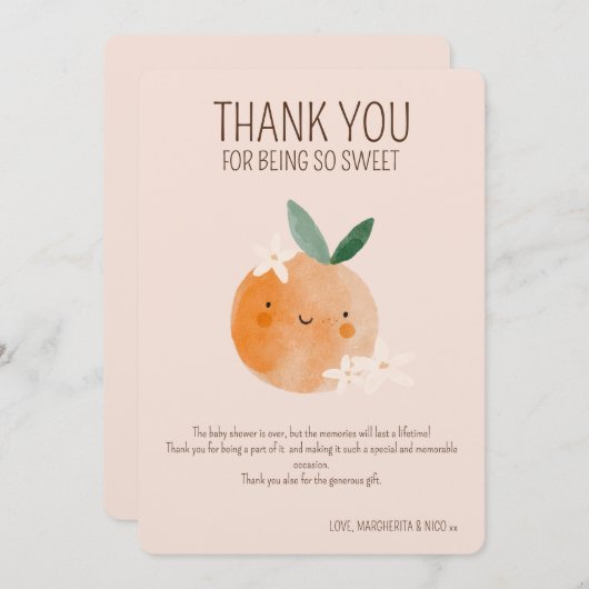 リトルかわいこちゃんオレンジシトラスボタニカルベビーブシャワー サンキューカード (正面/裏面)
