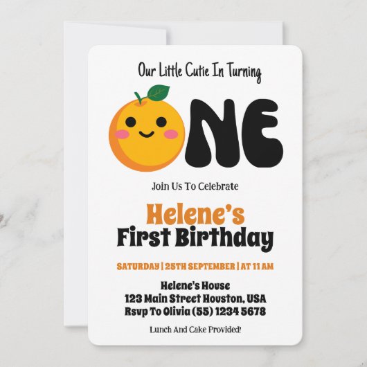 リトルかわいこちゃんオレンジシトラス1st誕生日 招待状 (正面)