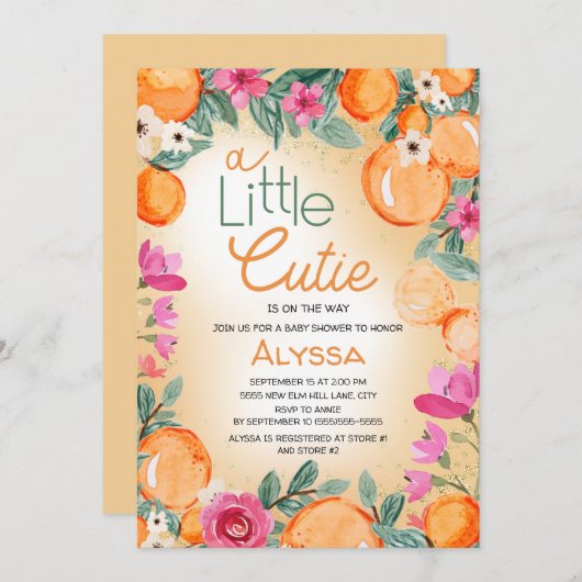 リトルかわいこちゃんオレンジピンクフローラベビーシャワー 招待状 (正面/裏面)