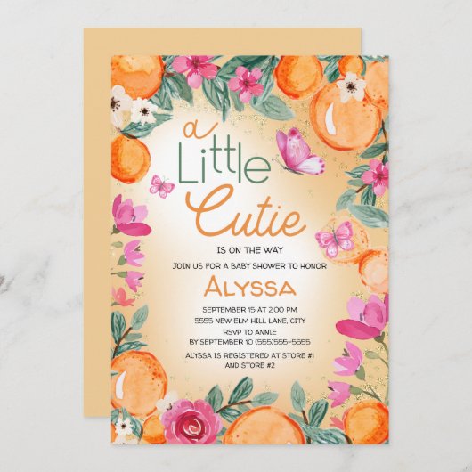 リトルかわいこちゃんオレンジピンクフローラ蝶 招待状 (正面/裏面)