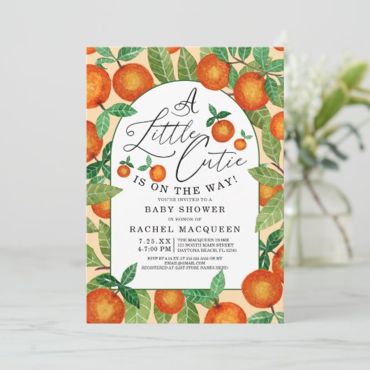 リトルかわいこちゃんオレンジボタニカルフルーツベビーシャワー 招待状 (スタンド正面)