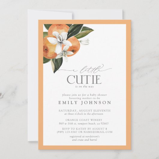 リトルかわいこちゃんオレンジ柑橘類の水の色ベビーシャワー 招待状 (正面)