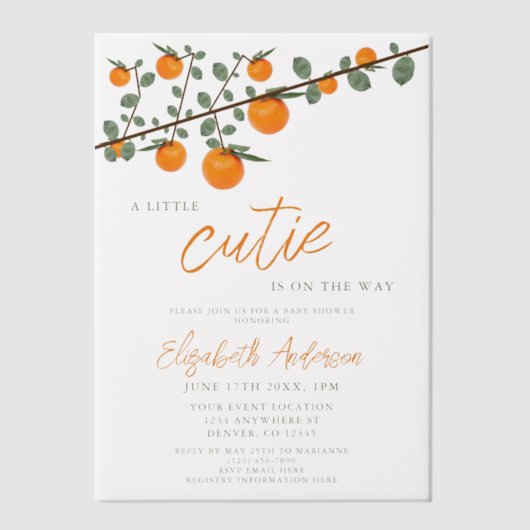 リトルかわいこちゃんオレンジ男女兼用色ベビーシャワー ベラム紙招待状 (正面)