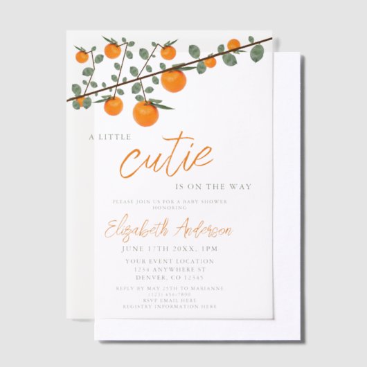 リトルかわいこちゃんオレンジ男女兼用色ベビーシャワー ベラム紙招待状 (オフセット)