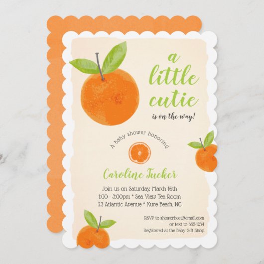 リトルかわいこちゃんオレンジ緑の水の色ベビーシャワー 招待状 (正面/裏面)