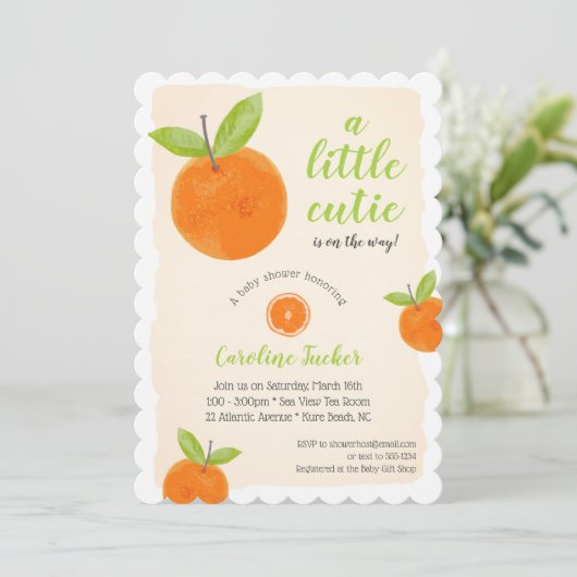 リトルかわいこちゃんオレンジ緑の水の色ベビーシャワー 招待状 (スタンド正面)