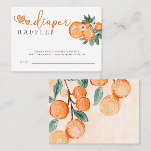 リトルかわいこちゃんオレンジ色の赤ちゃんシャワーおむつラッフル エンクロージャーカード (正面/裏面)