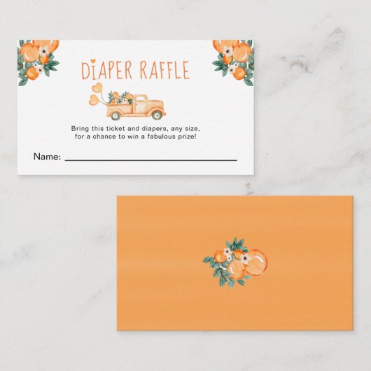 リトルかわいこちゃんオレンジ色の赤ちゃんシャワーおむつラッフル エンクロージャーカード (正面/裏面)