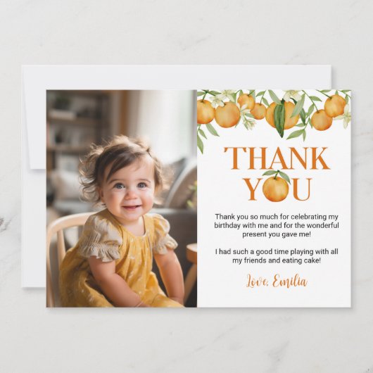 リトルかわいこちゃんオレンジ誕生日写真サンキューカード サンキューカード (正面)