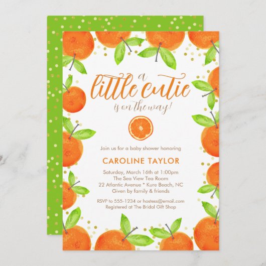リトルかわいこちゃんオンウェイオレンジクレメンチンベビーシャワー 招待状 (正面/裏面)