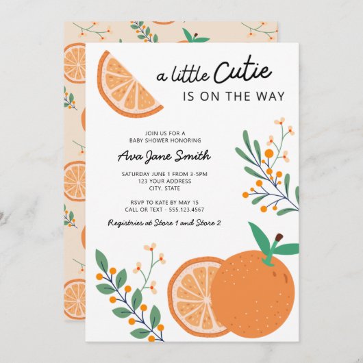 リトルかわいこちゃんオンザウェイオレンジテーマベビーシャワー 招待状 (正面/裏面)