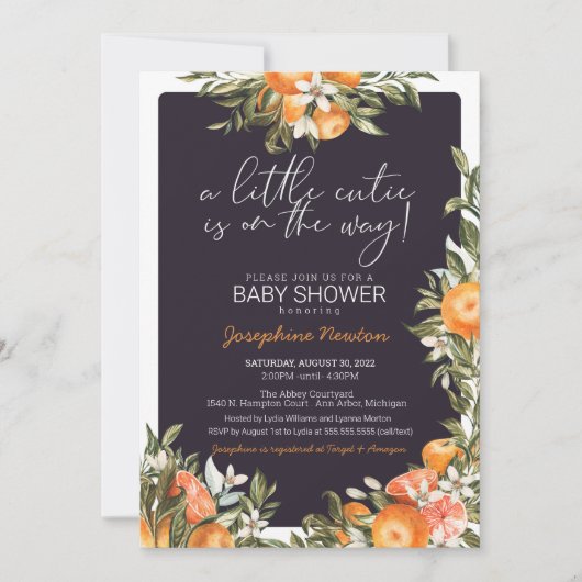 リトルかわいこちゃんオンザウェイオレンジ柑橘系ベビーシャワー 招待状 (正面)