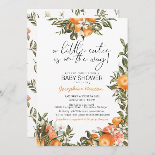 リトルかわいこちゃんオンザウェイオレンジ柑橘系ベビーシャワー 招待状 (正面/裏面)