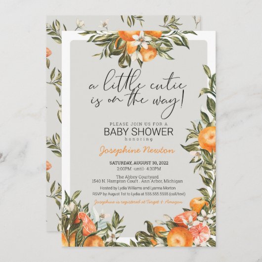 リトルかわいこちゃんオンザウェイオレンジ柑橘系ベビーシャワー 招待状 (正面/裏面)