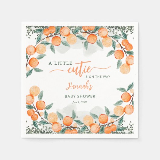 リトルかわいこちゃんオンザウェイオレンジ色のベビーシャワー スタンダードカクテルナプキン (正面)