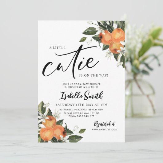 リトルかわいこちゃんオンザウェイシトラスのオレンジ色の赤ちゃんシャワー 招待状 (スタンド正面)