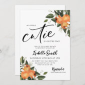 リトルかわいこちゃんオンザウェイシトラスのオレンジ色の赤ちゃんシャワー 招待状 (正面/裏面)