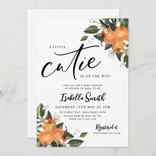 リトルかわいこちゃんオンザウェイシトラスのオレンジ色の赤ちゃんシャワー 招待状 (正面/裏面)
