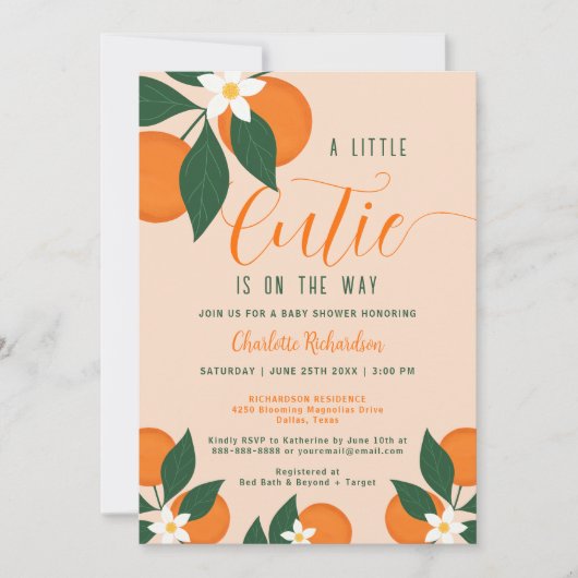 リトルかわいこちゃんオンザウェイシトラスのオレンジ色の赤ちゃんシャワー 招待状 (正面)