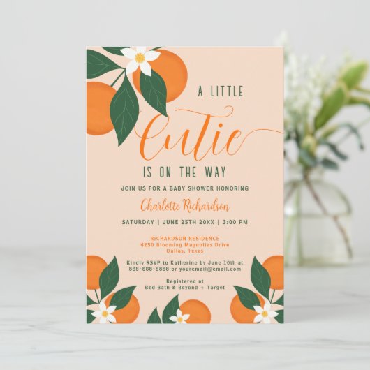 リトルかわいこちゃんオンザウェイシトラスのオレンジ色の赤ちゃんシャワー 招待状 (スタンド正面)