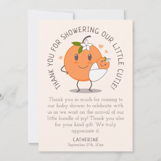 リトルかわいこちゃんオンザウェイ |かわいいオレンジ色の赤ちゃんシャワー サンキューカード (正面)