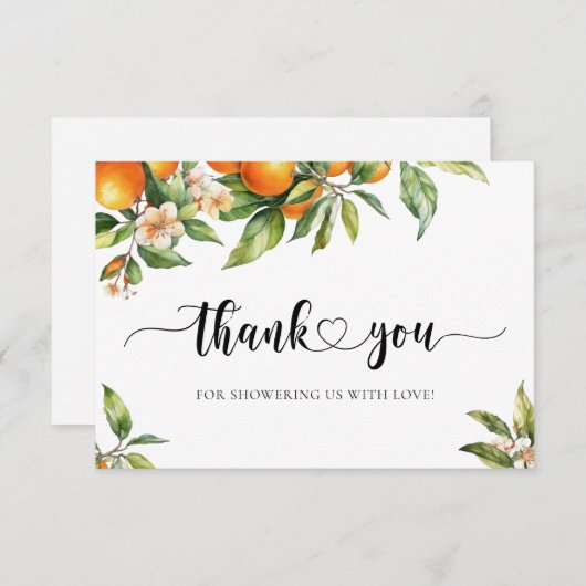 リトルかわいこちゃんグリーンリーシトラスオレンジベビーシャワー サンキューカード (正面/裏面)