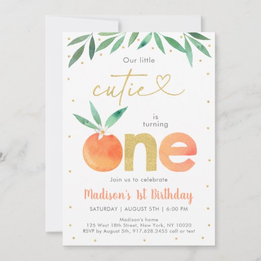 リトルかわいこちゃんグリーン金ゴールドファースト誕生日 招待状 (正面)